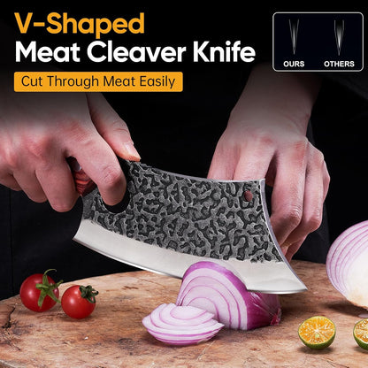 4PCS Butcher Knife Set, Hand Forged Full Tang BBQ Knives | Includes butcher knife, chef knife, BBQ prep knife and boning knife for meat cutting, grilling, kitchen prep and gifting