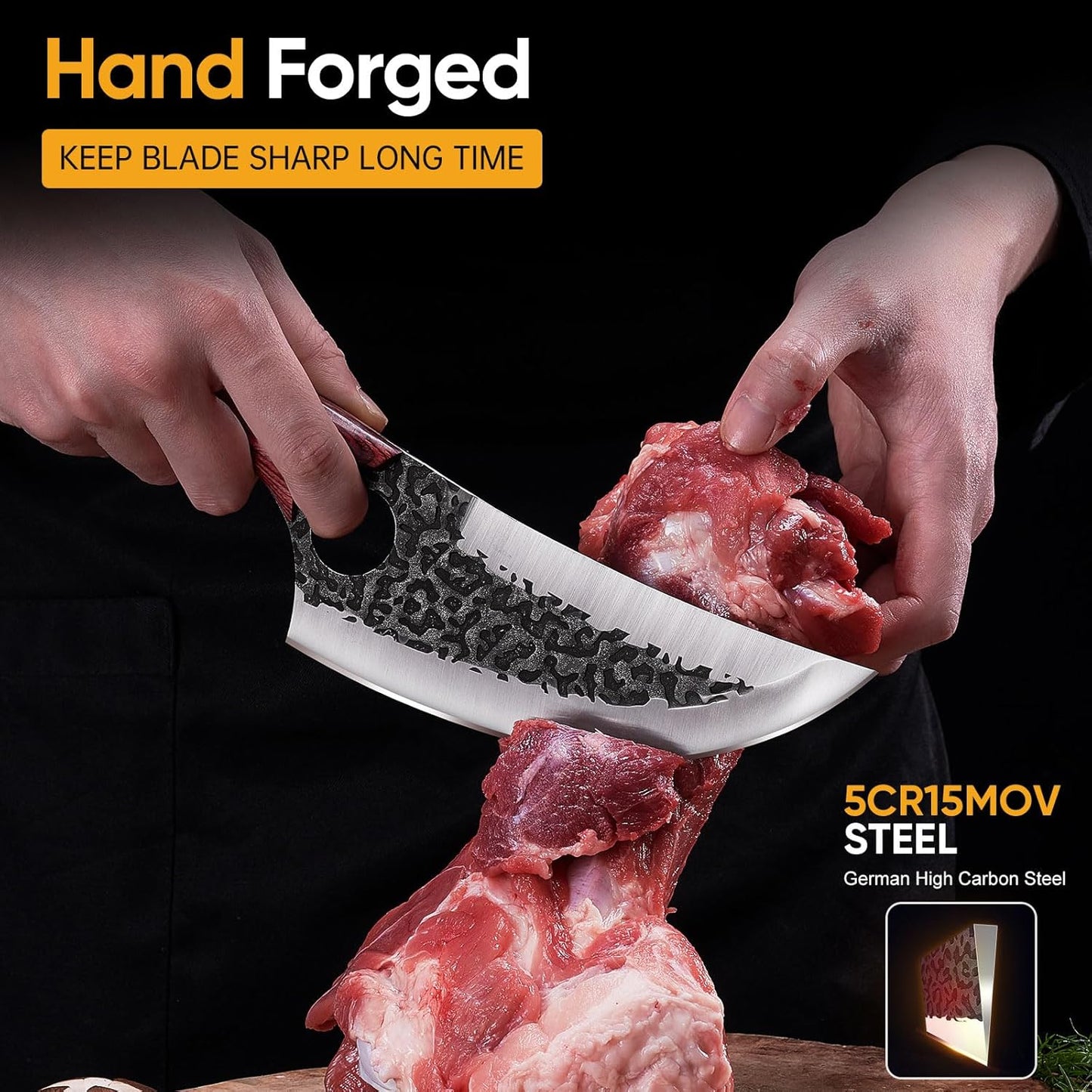 4PCS Butcher Knife Set, Hand Forged Full Tang BBQ Knives | Includes butcher knife, chef knife, BBQ prep knife and boning knife for meat cutting, grilling, kitchen prep and gifting