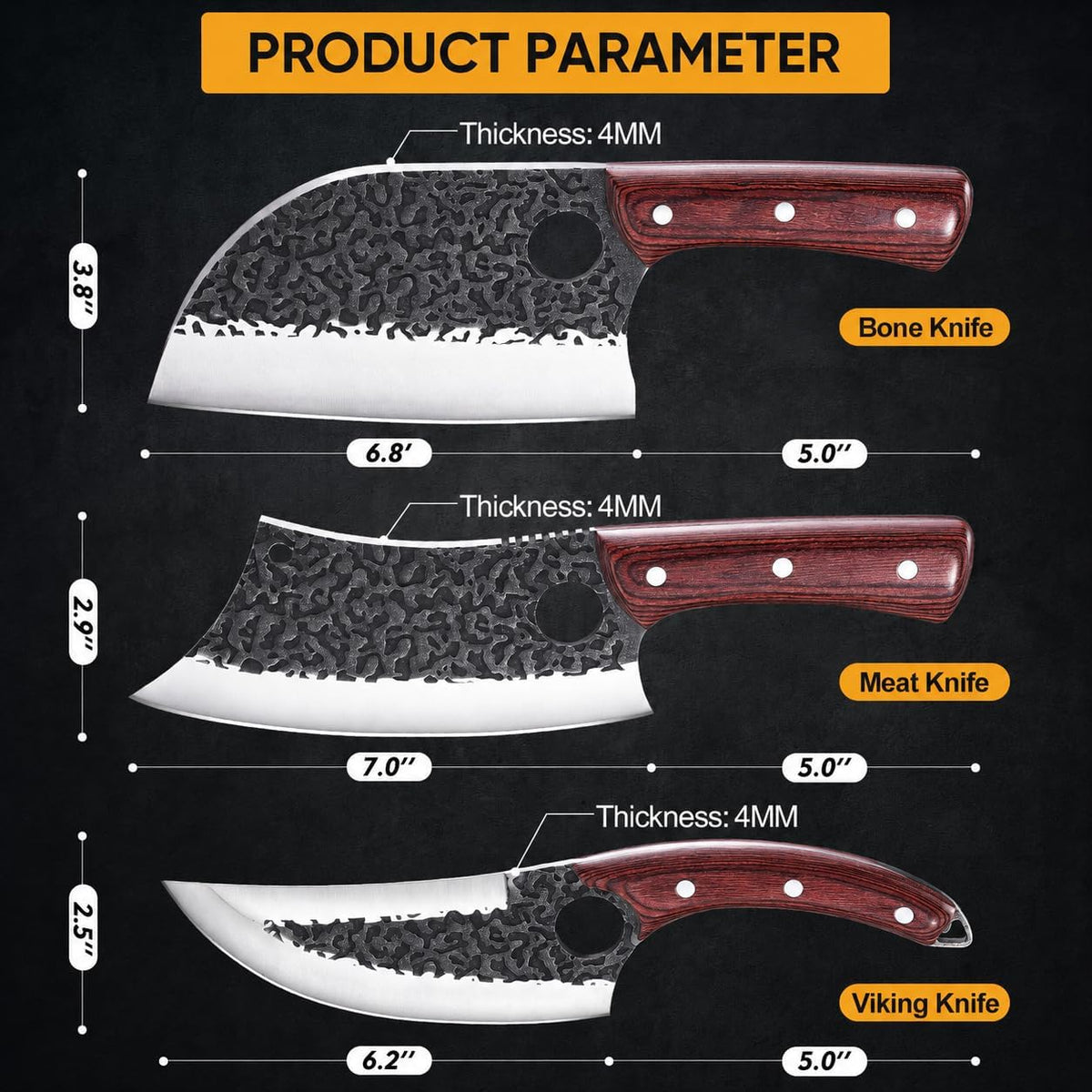 4PCS Butcher Knife Set, Hand Forged Full Tang BBQ Knives | Includes butcher knife, chef knife, BBQ prep knife and boning knife for meat cutting, grilling, kitchen prep and gifting