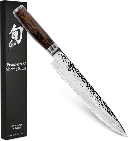 Premier 9.5" Slicing Knife, Handcrafted Japanese Meat Slicing Knife, Long and Thin Blade, VG-MAX Core with Damascus Stainless Steel Cladding, Pakkawood Handle
