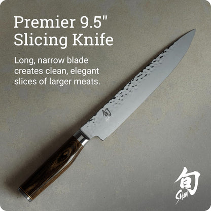 Premier 9.5" Slicing Knife, Handcrafted Japanese Meat Slicing Knife, Long and Thin Blade, VG-MAX Core with Damascus Stainless Steel Cladding, Pakkawood Handle