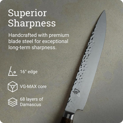 Premier 9.5" Slicing Knife, Handcrafted Japanese Meat Slicing Knife, Long and Thin Blade, VG-MAX Core with Damascus Stainless Steel Cladding, Pakkawood Handle