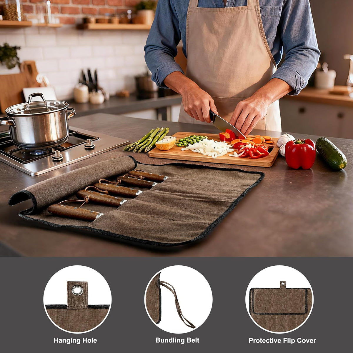 Chef’s Knife Roll Bag, Portable Canvas Cases, Chef Bag With 5 Slots Pockets Can Hold Kitchen Knife Tools Up To 15 Inch