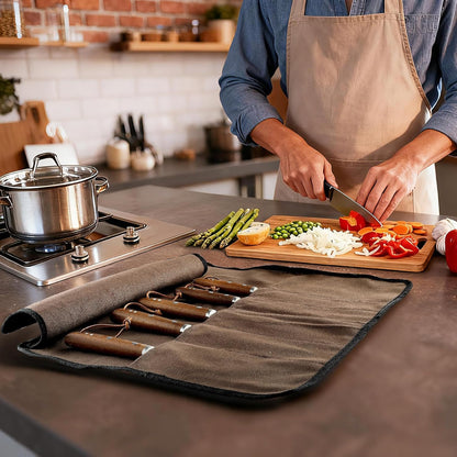 Chef’s Knife Roll Bag, Portable Canvas Cases, Chef Bag With 5 Slots Pockets Can Hold Kitchen Knife Tools Up To 15 Inch