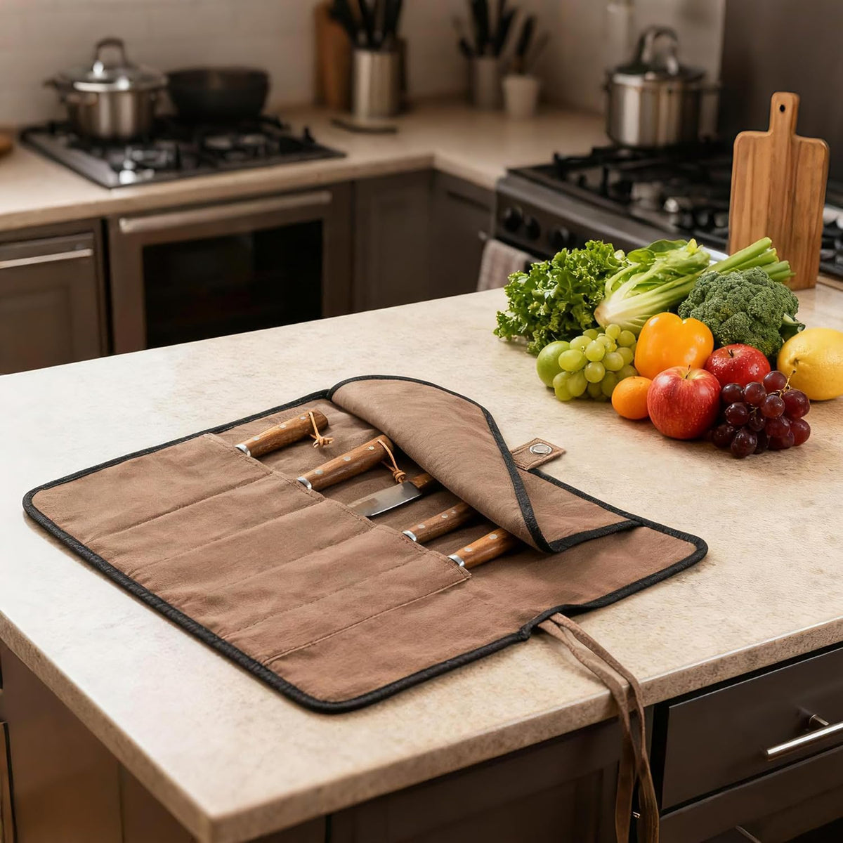 Chef’s Knife Roll Bag, Portable Canvas Cases, Chef Bag With 5 Slots Pockets Can Hold Kitchen Knife Tools Up To 15 Inch