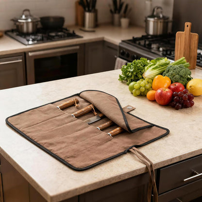 Chef’s Knife Roll Bag, Portable Canvas Cases, Chef Bag With 5 Slots Pockets Can Hold Kitchen Knife Tools Up To 15 Inch