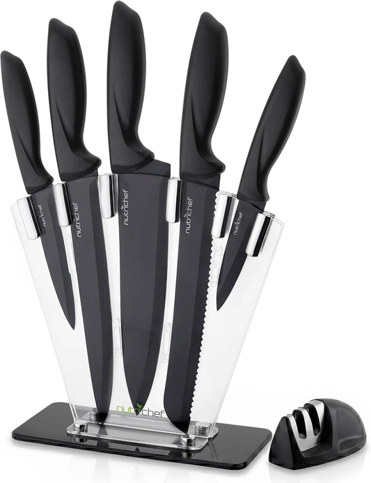 NutriChef 7 Piece Kitchen Knife Set - Stainless Steel Kitchen Precision Knives Set w/ 5 Knives & Bonus Sharpener, Acrylic Block Stand - Cutting Slicing, Chopping, Dicing - NCKNS7X