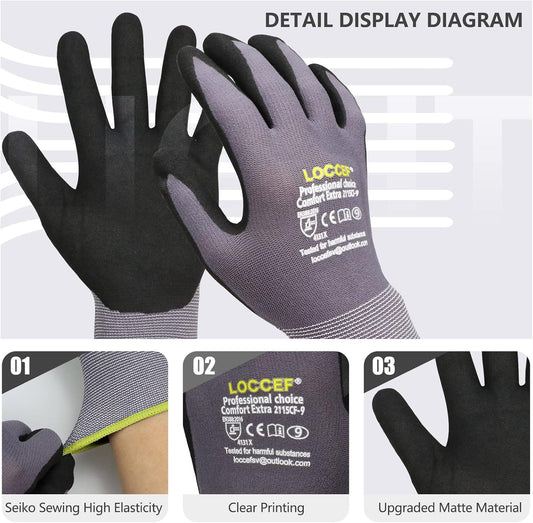 MicroFoam Nitrile Coated Safety Work Gloves | Breathable seamless liner, unisex fit for men women, multi-use for DIY, gardening, automotive, warehousing general work