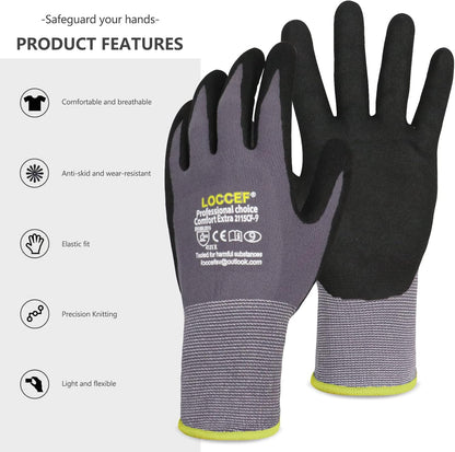 MicroFoam Nitrile Coated Safety Work Gloves | Breathable seamless liner, unisex fit for men women, multi-use for DIY, gardening, automotive, warehousing general work