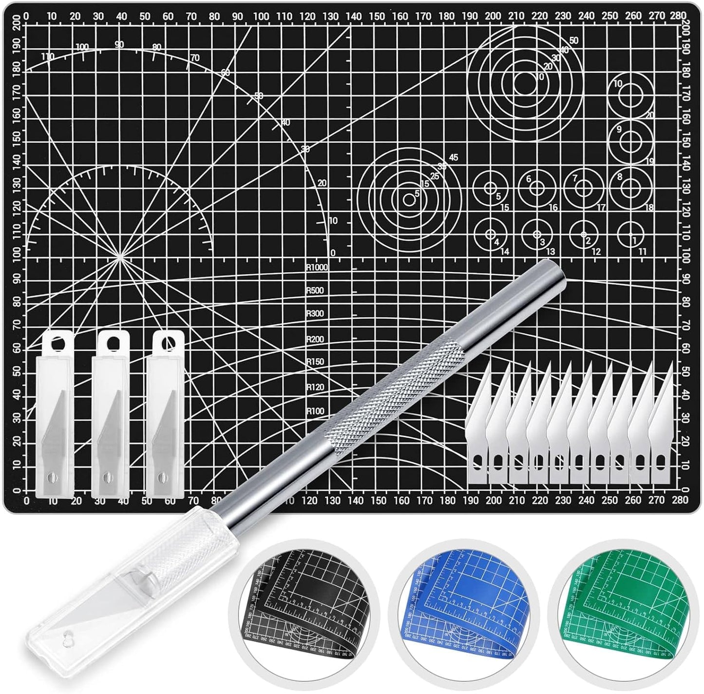 Exacto Knife with Hobby Mat for Crafts, Self Healing Cutting Mat Hobby Knife with 30 PCS Exacto Blades Precision Knife for Art and Crafts Paper Scrapbooking Stencil (Black)