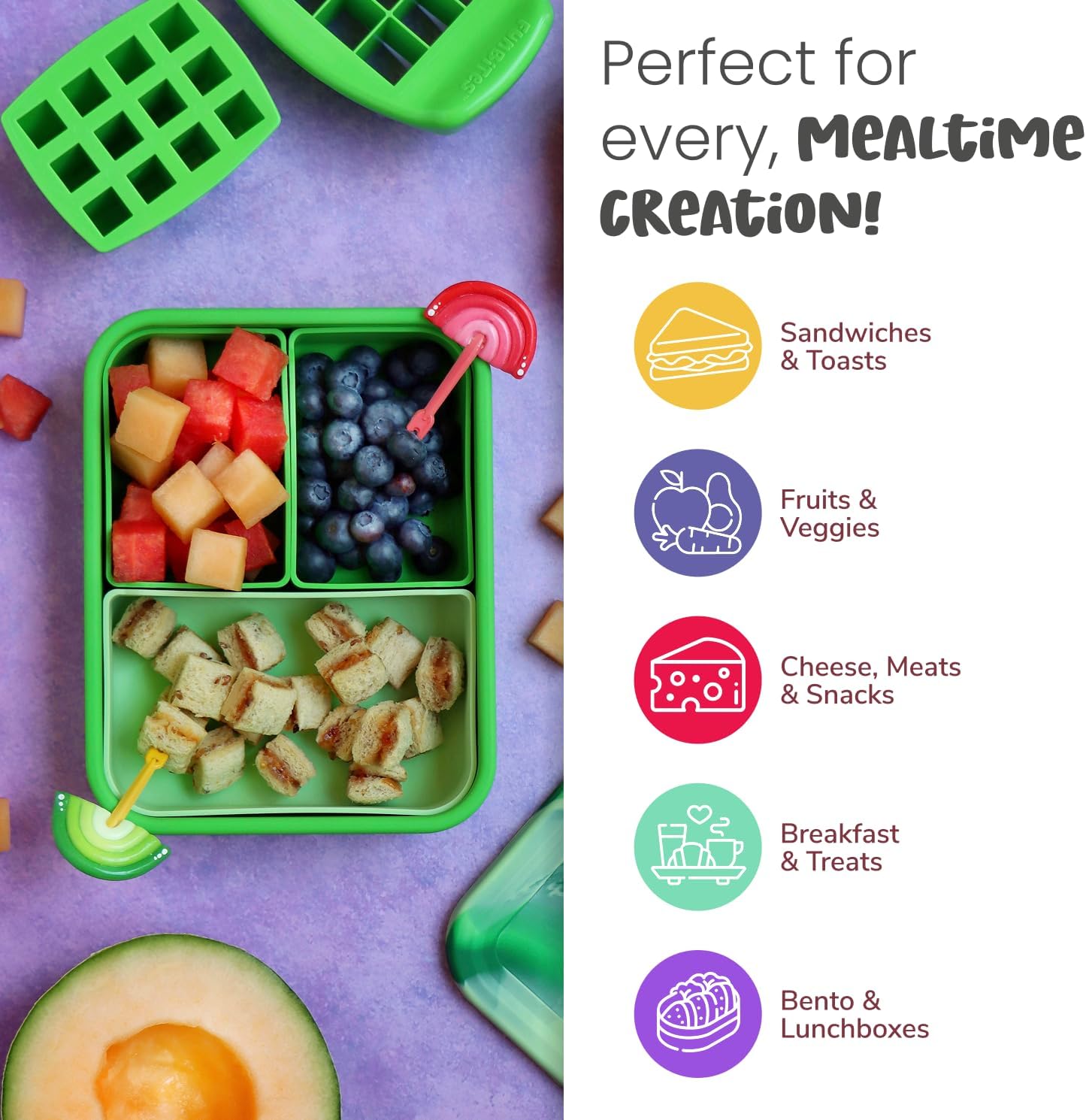 Sandwich Cutter for Kids Lunch, Crustless Bento 2-Pc Set, 1 Pack | Green Squares food cutter for toddlers, bite-size uncrustable shapes, bento lunch accessory, BPA-free, dishwasher safe