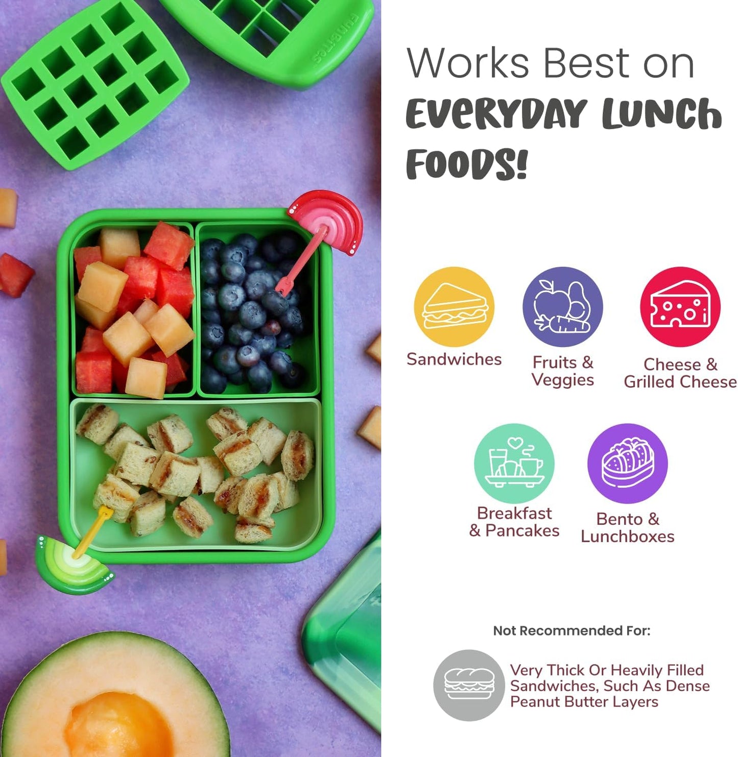Sandwich Cutter for Kids Lunch, Crustless Bento 2-Pc Set, 1 Pack | Green Squares food cutter for toddlers, bite-size uncrustable shapes, bento lunch accessory, BPA-free, dishwasher safe