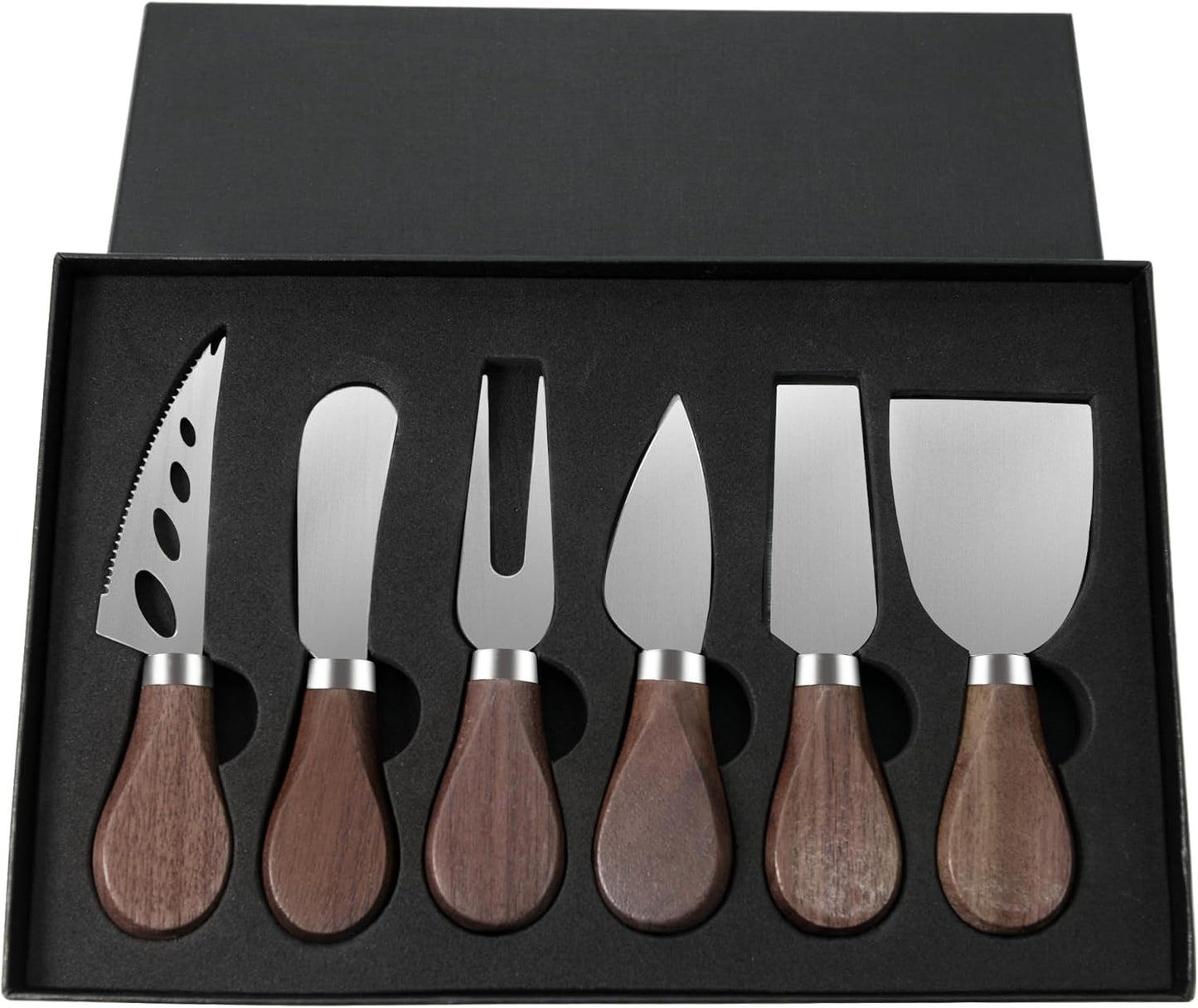 Cheese Knife Set, 6 Pcs Charcuterie Board Accessories - Cheese Knife, Spreader, Fork, Slicer, Cheese Cutter, Butter Knife, Stainless Steel Cheese Knives for Housewarming Gift (Walnut Handle)