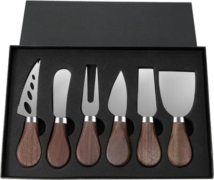 Cheese Knife Set, 6 Pcs Charcuterie Board Accessories - Cheese Knife, Spreader, Fork, Slicer, Cheese Cutter, Butter Knife, Stainless Steel Cheese Knives for Housewarming Gift (Walnut Handle)