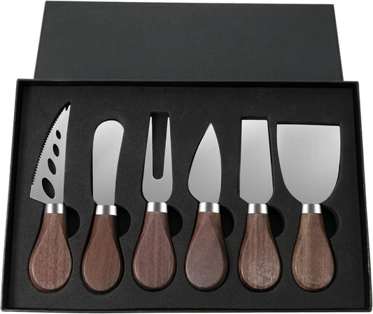Cheese Knife Set, 6 Pcs Charcuterie Board Accessories - Cheese Knife, Spreader, Fork, Slicer, Cheese Cutter, Butter Knife, Stainless Steel Cheese Knives for Housewarming Gift (Walnut Handle)