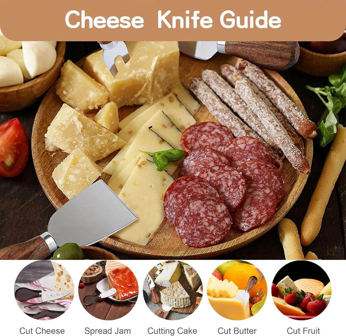 Cheese Knife Set, 6 Pcs Charcuterie Board Accessories - Cheese Knife, Spreader, Fork, Slicer, Cheese Cutter, Butter Knife, Stainless Steel Cheese Knives for Housewarming Gift (Walnut Handle)