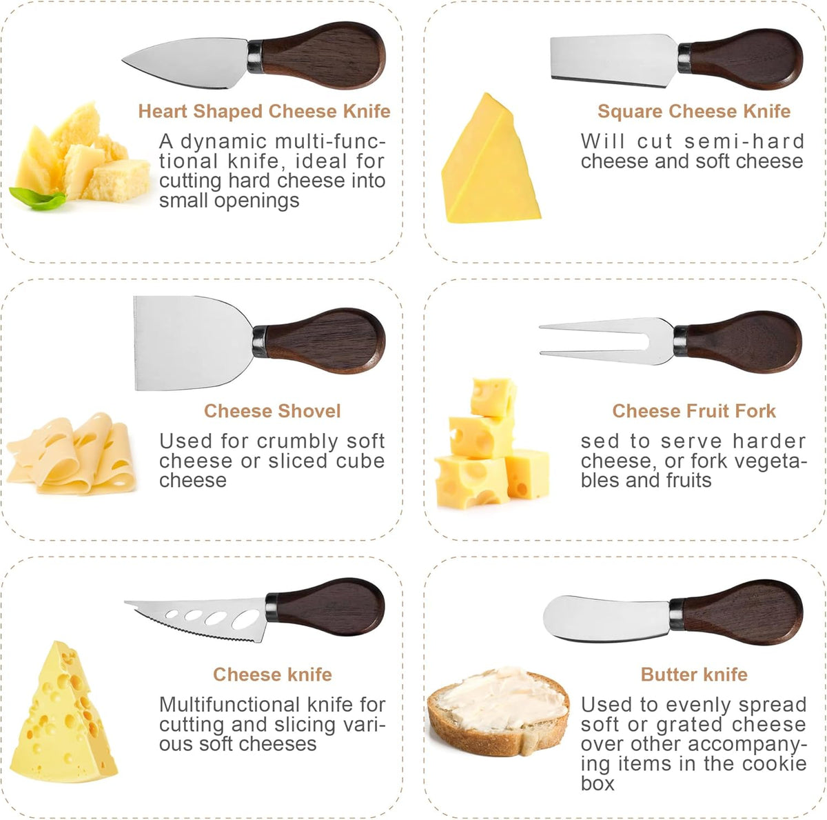 Cheese Knife Set, 6 Pcs Charcuterie Board Accessories - Cheese Knife, Spreader, Fork, Slicer, Cheese Cutter, Butter Knife, Stainless Steel Cheese Knives for Housewarming Gift (Walnut Handle)