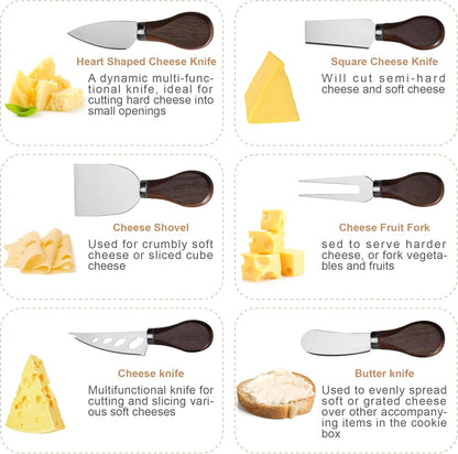 Cheese Knife Set, 6 Pcs Charcuterie Board Accessories - Cheese Knife, Spreader, Fork, Slicer, Cheese Cutter, Butter Knife, Stainless Steel Cheese Knives for Housewarming Gift (Walnut Handle)