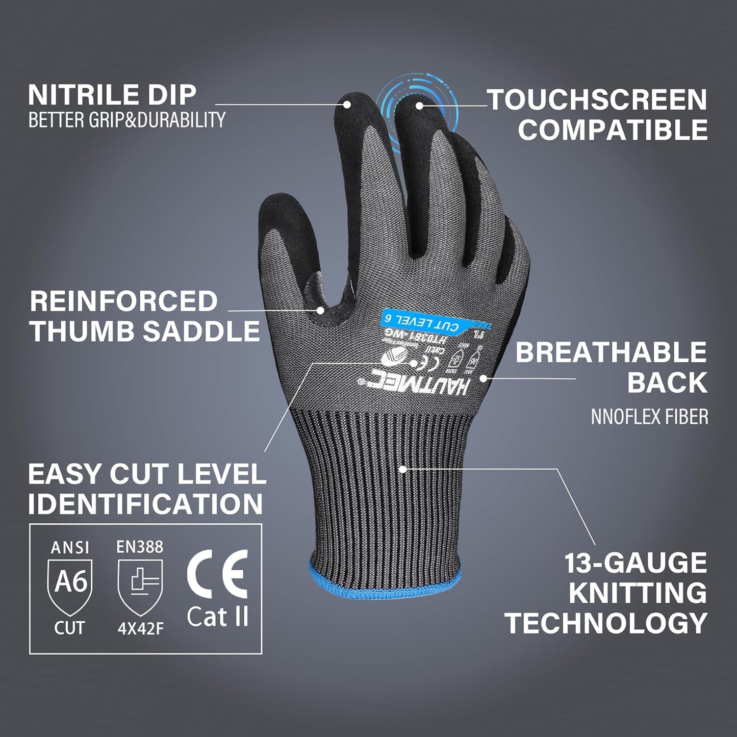 ANSI A6 Cut Resistant Work Gloves for Men Women, EN388 4X42F Cutting Proof Gloves, Breathable 13-Gauge HPPE, Nitrile Coated, Touchscreen, Reinforced Thumb Saddle for Construction/Auto(L)