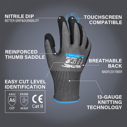 ANSI A6 Cut Resistant Work Gloves for Men Women, EN388 4X42F Cutting Proof Gloves, Breathable 13-Gauge HPPE, Nitrile Coated, Touchscreen, Reinforced Thumb Saddle for Construction/Auto(L)