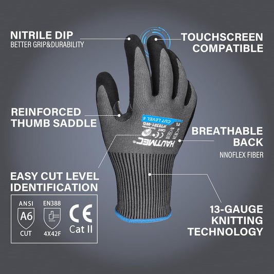 ANSI A6 Cut Resistant Work Gloves for Men Women, EN388 4X42F Cutting Proof Gloves, Breathable 13-Gauge HPPE, Nitrile Coated, Touchscreen, Reinforced Thumb Saddle for Construction/Auto(L)
