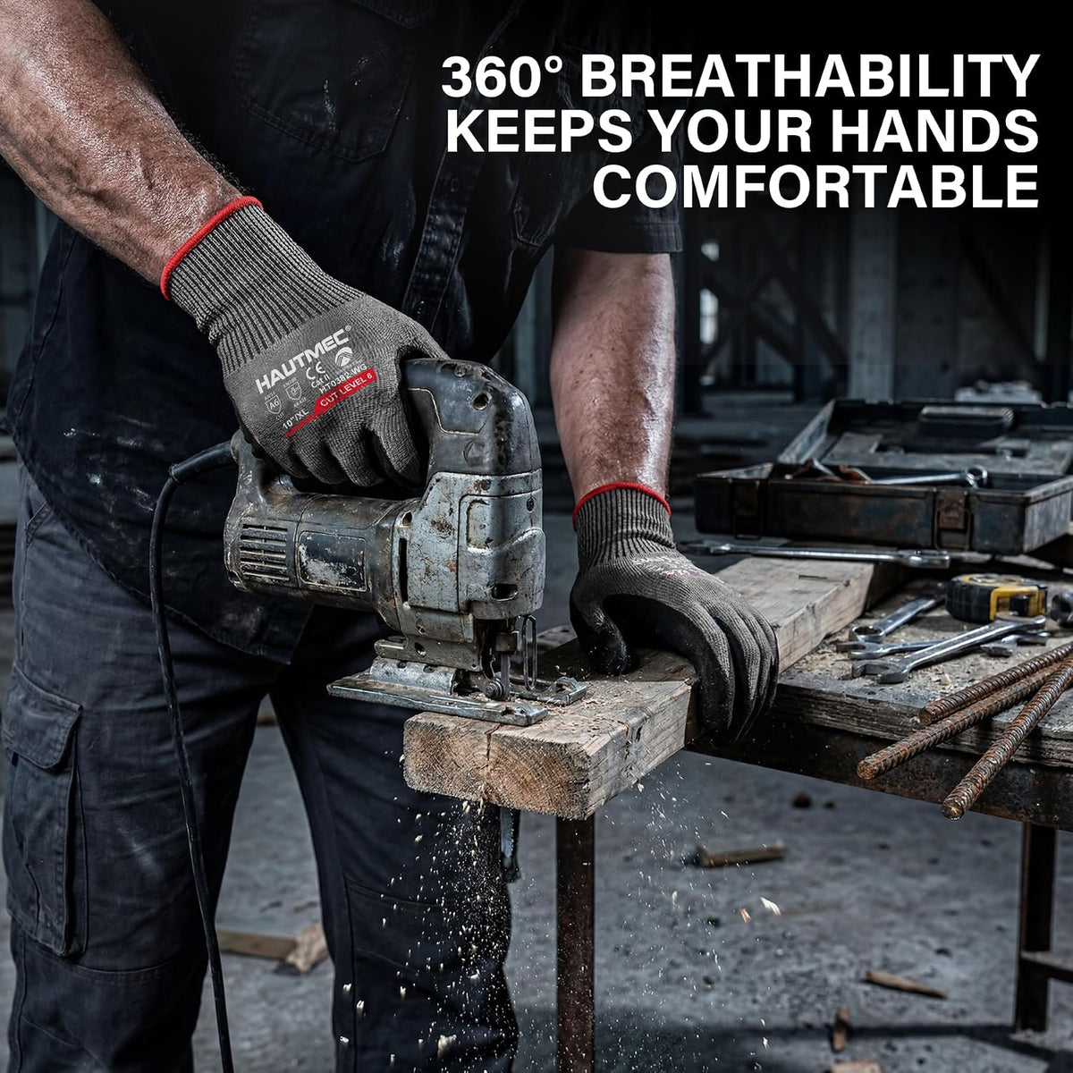 ANSI A6 Cut Resistant Work Gloves for Men Women, EN388 4X42F Cutting Proof Gloves, Breathable 13-Gauge HPPE, Nitrile Coated, Touchscreen, Reinforced Thumb Saddle for Construction/Auto(L)