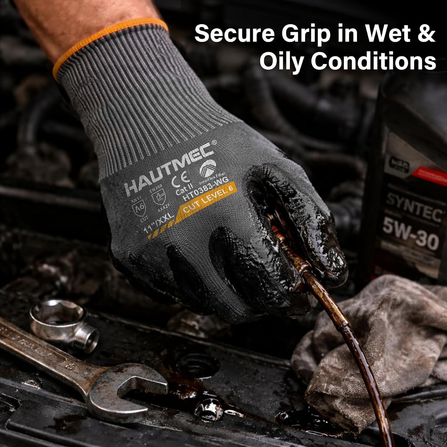 ANSI A6 Cut Resistant Work Gloves for Men Women, EN388 4X42F Cutting Proof Gloves, Breathable 13-Gauge HPPE, Nitrile Coated, Touchscreen, Reinforced Thumb Saddle for Construction/Auto(L)