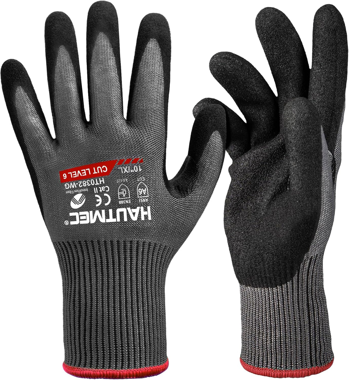 ANSI A6 Cut Resistant Work Gloves for Men Women, EN388 4X42F Cutting Proof Gloves, Breathable 13-Gauge HPPE, Nitrile Coated, Touchscreen, Reinforced Thumb Saddle for Construction/Auto(L)