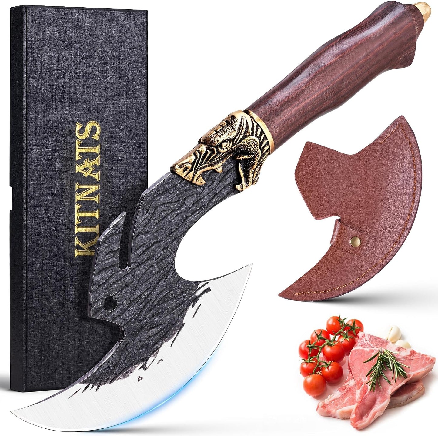 Hand Forged Viking Cleaver Knife with Sheath, Birthday Gift for Men | Viking-inspired butcher knife meat cleaver with leather sheath for meat cutting, BBQ, camping, kitchen cooking and gifting.