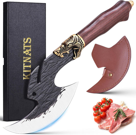 Hand Forged Viking Cleaver Knife with Sheath, Birthday Gift for Men | Viking-inspired butcher knife meat cleaver with leather sheath for meat cutting, BBQ, camping, kitchen cooking and gifting.