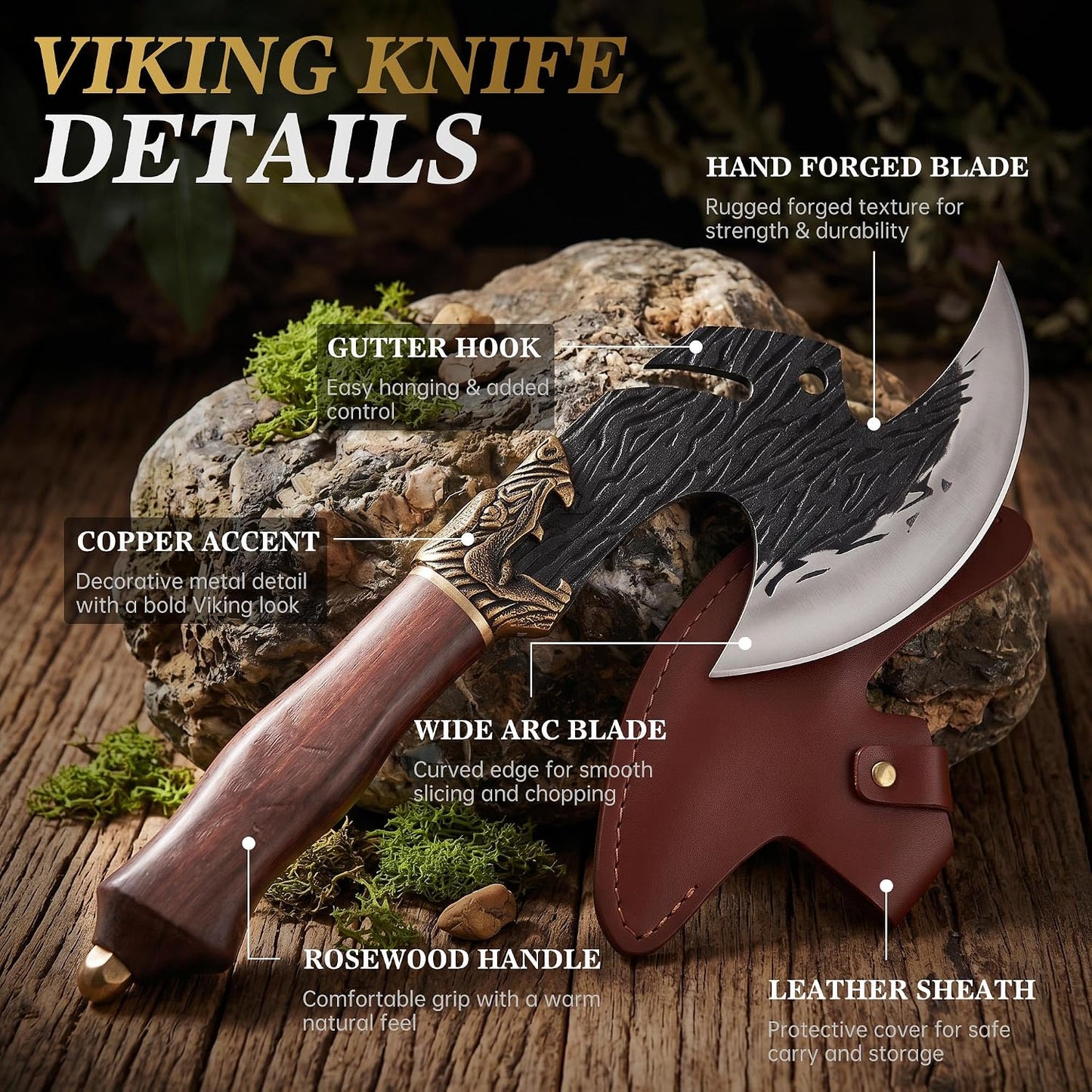 Hand Forged Viking Cleaver Knife with Sheath, Birthday Gift for Men | Viking-inspired butcher knife meat cleaver with leather sheath for meat cutting, BBQ, camping, kitchen cooking and gifting.