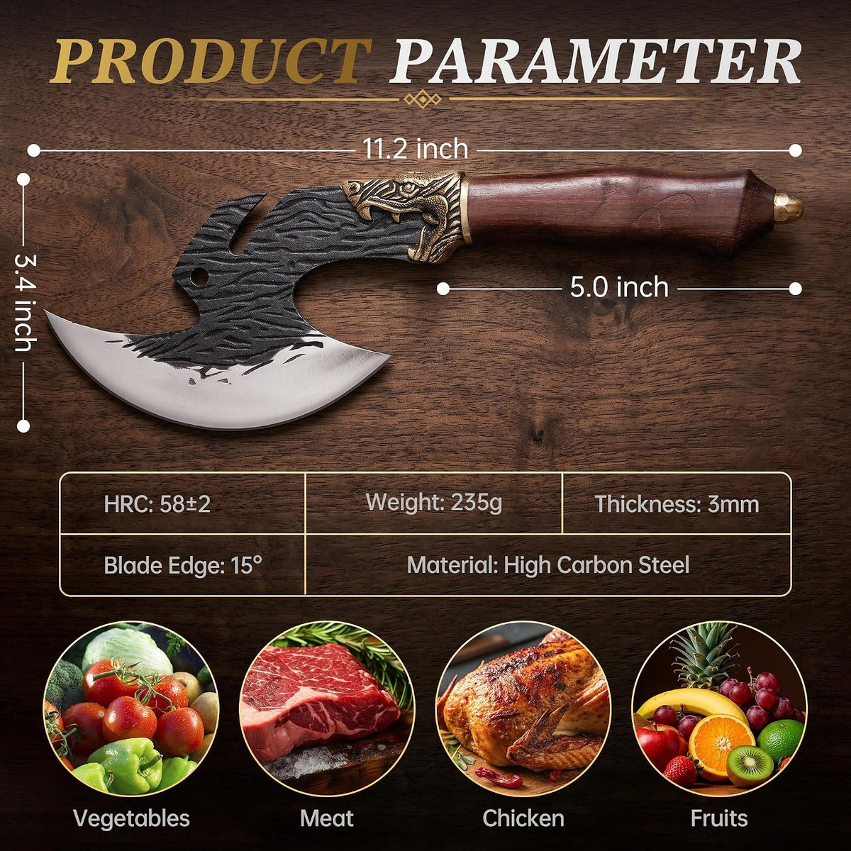 Hand Forged Viking Cleaver Knife with Sheath, Birthday Gift for Men | Viking-inspired butcher knife meat cleaver with leather sheath for meat cutting, BBQ, camping, kitchen cooking and gifting.