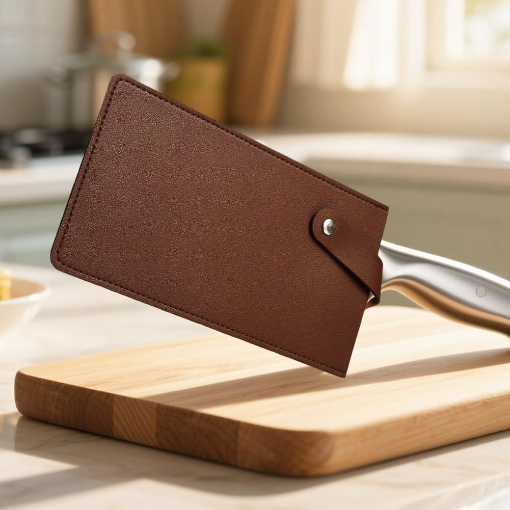 Universal PU Leather Meat Knife Cleaver Edge Guard Waterproof Wide Butcher Scissors Knife Sheath Dark Brown Durable Chef Scissors Cover Sleeve Protector Case Holder with Snap for Kitchen