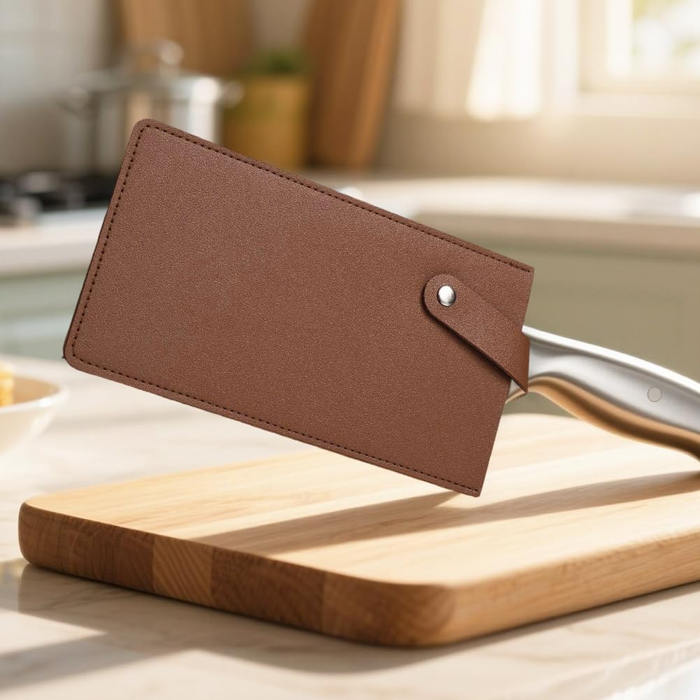 Universal PU Leather Meat Knife Cleaver Edge Guard Waterproof Wide Butcher Scissors Knife Sheath Dark Brown Durable Chef Scissors Cover Sleeve Protector Case Holder with Snap for Kitchen