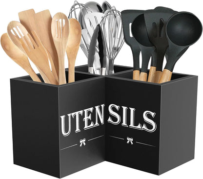 Extra Large Kitchen Utensils Holder with 3 Compartments,Corner Utensil Caddy for Countertop,Wooden Utensil Organizer for Kitchen Countertop, Farmhouse Decor- Black