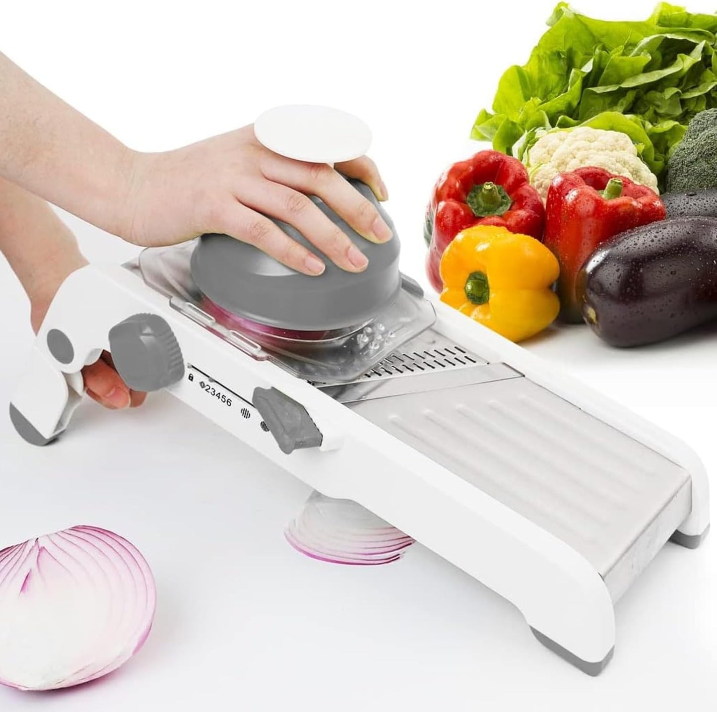 ZKIRON Large Mandoline Slicer for Kitchen - Professional Stainless Steel Onion Slicer & Cabbage Shredder, Integrated 2-in-1 Blade for Waffle & Smooth Cuts, Safety Hand Guard Included (Gray)