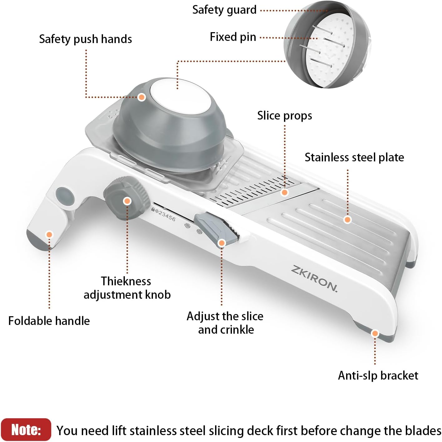 ZKIRON Large Mandoline Slicer for Kitchen - Professional Stainless Steel Onion Slicer & Cabbage Shredder, Integrated 2-in-1 Blade for Waffle & Smooth Cuts, Safety Hand Guard Included (Gray)