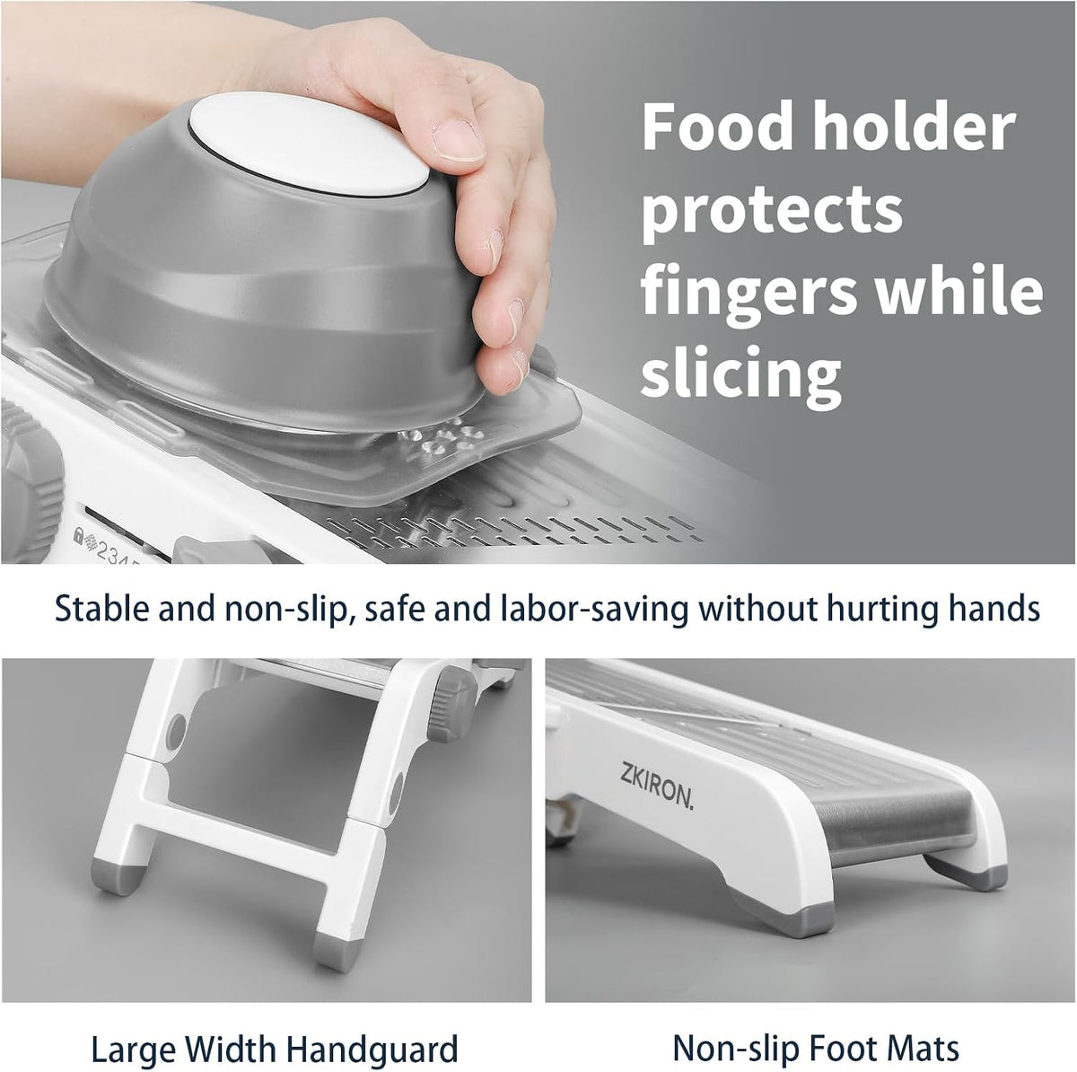 ZKIRON Large Mandoline Slicer for Kitchen - Professional Stainless Steel Onion Slicer & Cabbage Shredder, Integrated 2-in-1 Blade for Waffle & Smooth Cuts, Safety Hand Guard Included (Gray)