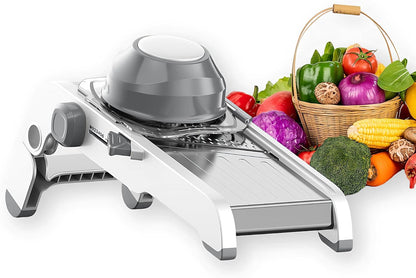 ZKIRON Large Mandoline Slicer for Kitchen - Professional Stainless Steel Onion Slicer & Cabbage Shredder, Integrated 2-in-1 Blade for Waffle & Smooth Cuts, Safety Hand Guard Included (Gray)