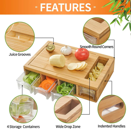 Bamboo Cutting Board with 4 Trays, Large Chopping Board with Containers, Juice Grooves, Easy-grip Handles & Food Sliding Opening, Carving Board with Trays for Food Storage