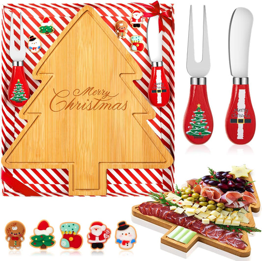 1 Set Mini Christmas Tree Cheese Board Set with Knives, Holiday Xmas Tree Cutting Board Wood Small Charcuterie Serving Tray Gift for Xmas Party Kitchen Decoration (Bamboo Color)