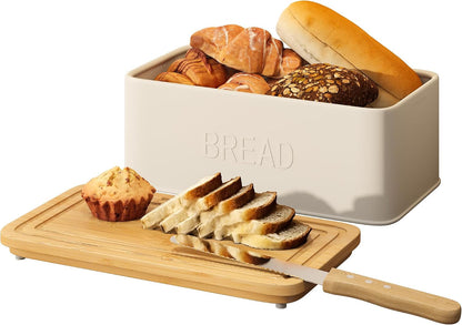 Bread Box for Kitchen Countertop, Metal with Bamboo Lid & Bread Knife