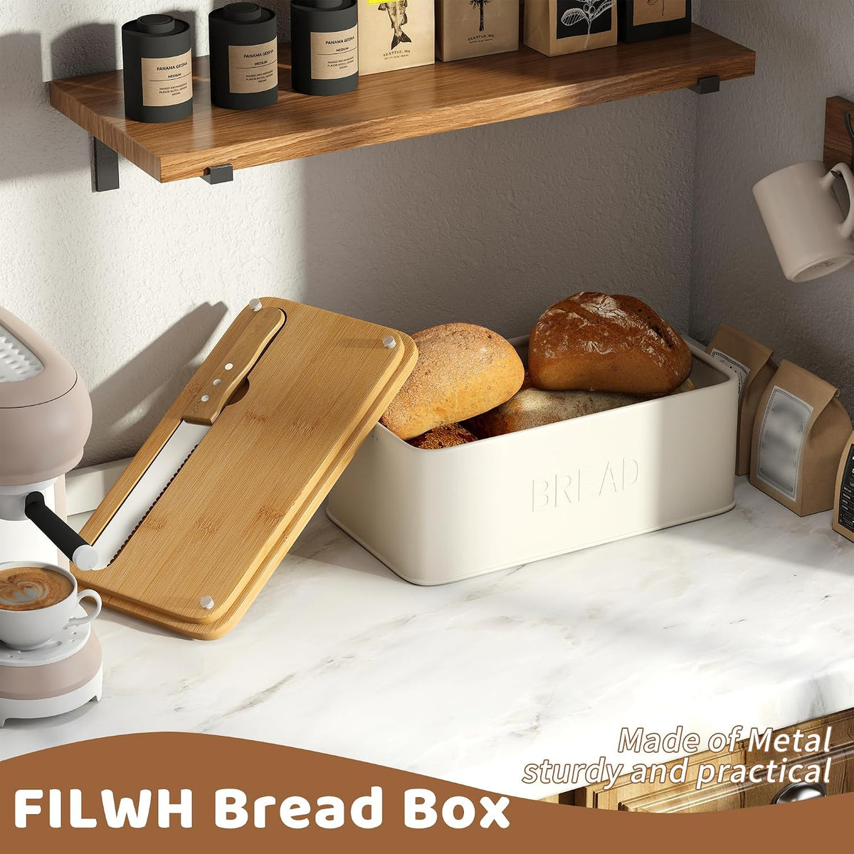 Bread Box for Kitchen Countertop, Metal with Bamboo Lid & Bread Knife