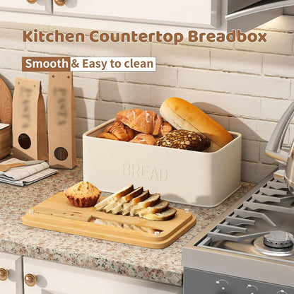 Bread Box for Kitchen Countertop, Metal with Bamboo Lid & Bread Knife