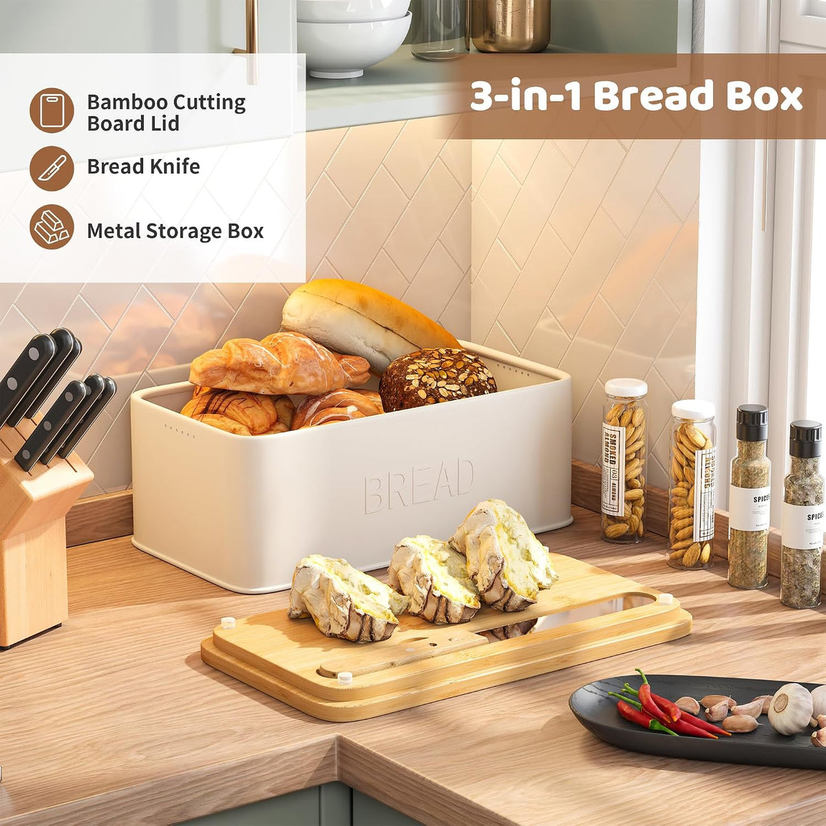 Bread Box for Kitchen Countertop, Metal with Bamboo Lid & Bread Knife