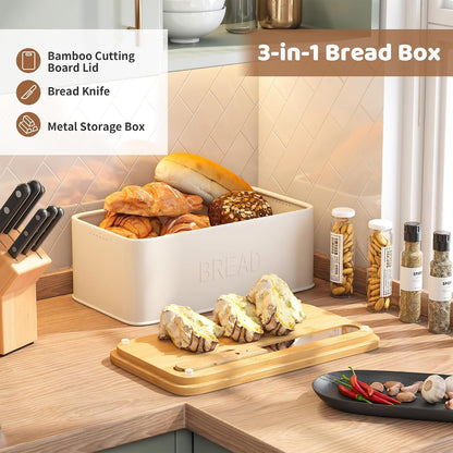 Bread Box for Kitchen Countertop, Metal with Bamboo Lid & Bread Knife