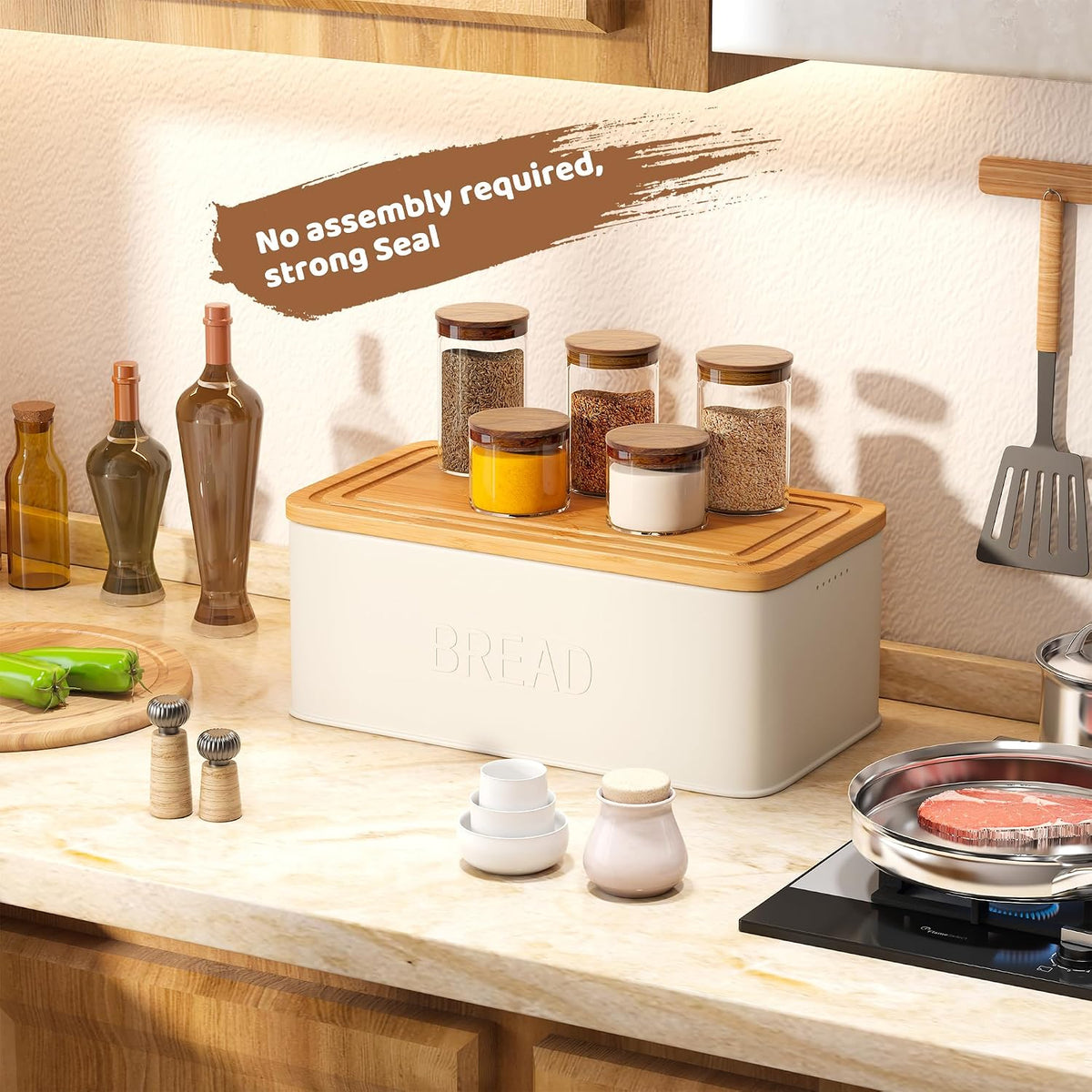 Bread Box for Kitchen Countertop, Metal with Bamboo Lid & Bread Knife