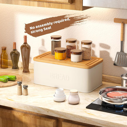Bread Box for Kitchen Countertop, Metal with Bamboo Lid & Bread Knife