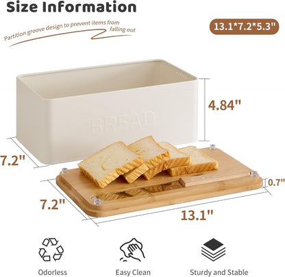 Bread Box for Kitchen Countertop, Metal with Bamboo Lid & Bread Knife