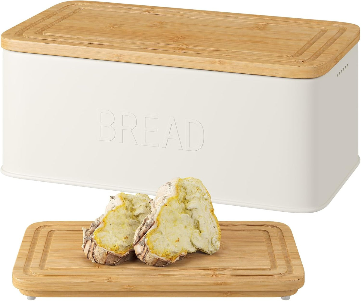 Bread Box for Kitchen Countertop, Metal with Bamboo Lid & Bread Knife